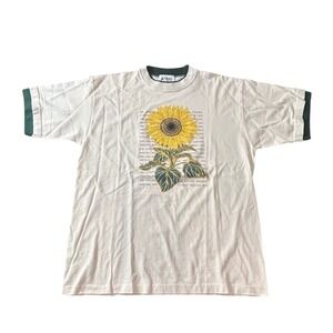 Vintage Cracker Barrel Sunflower Shirt Casual Comfy Cream Green Trim XL Made USA